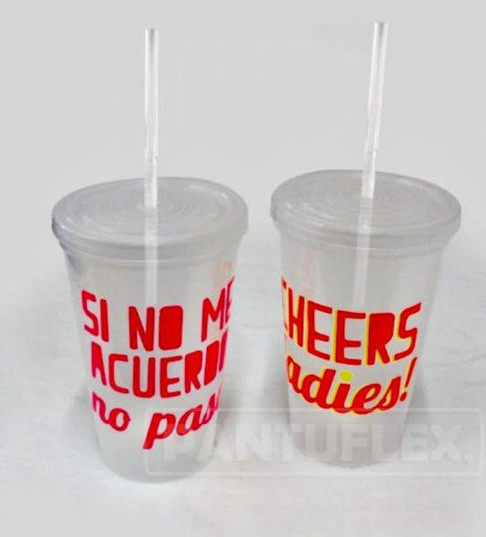 Vasos contapa y popote para boda y XV Transparentes vinil